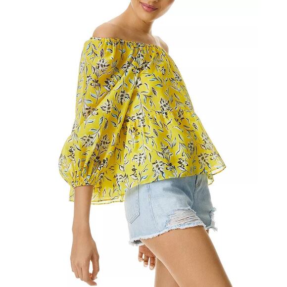 Alice + Olivia Alta Tiered Off The Shoulder Top Floral Print Yellow Size Medium - Picture 9 of 11